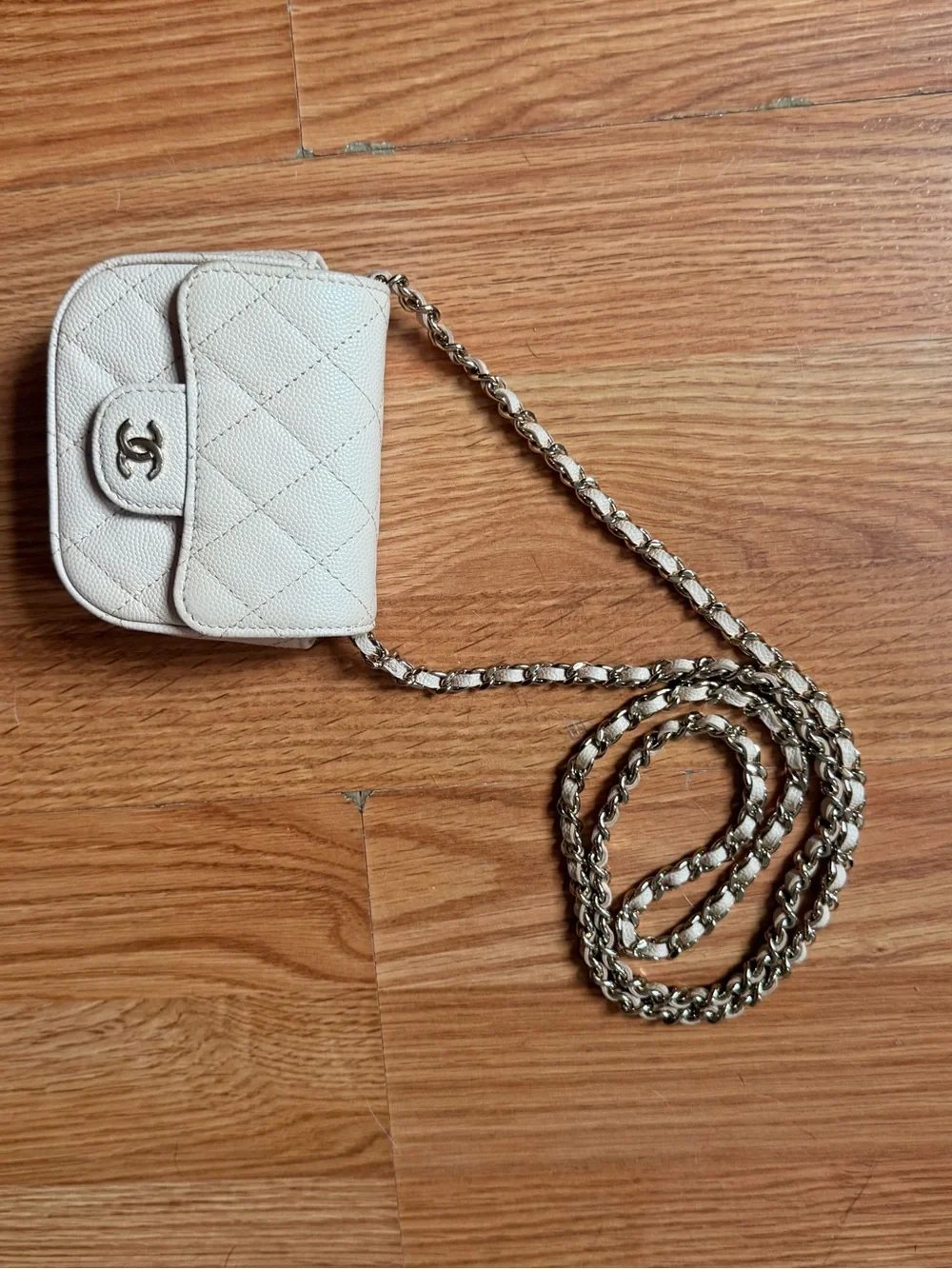 CHANEL Cream Quilted Mini Shoulder Bag with Gold CC